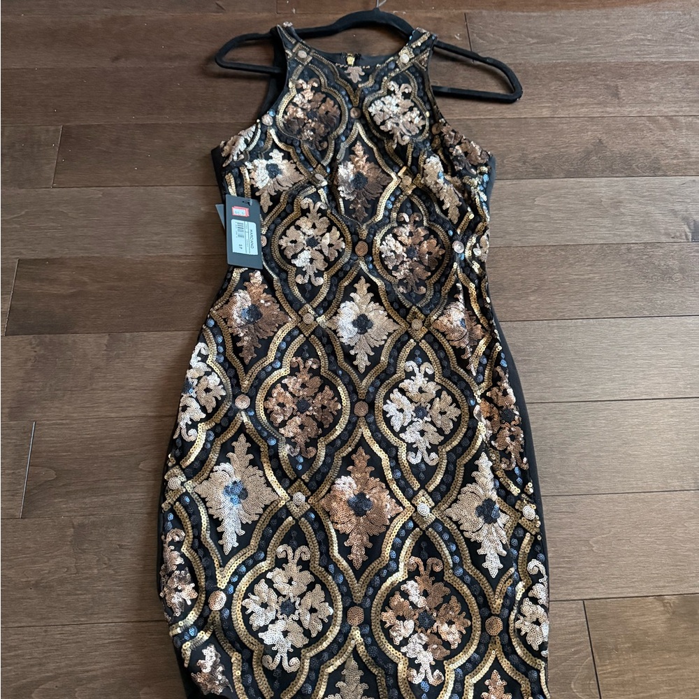 Marciano Black and Gold Patterned Mini Dress